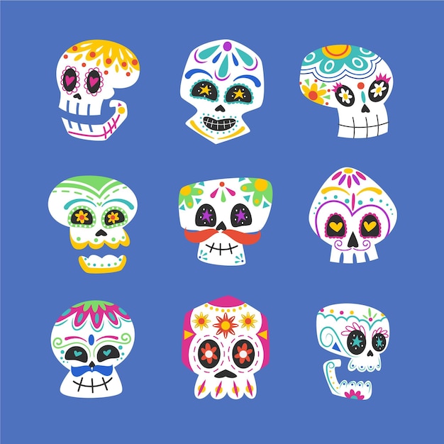 Handgezeichnete flache dia de muertos schädelsammlung