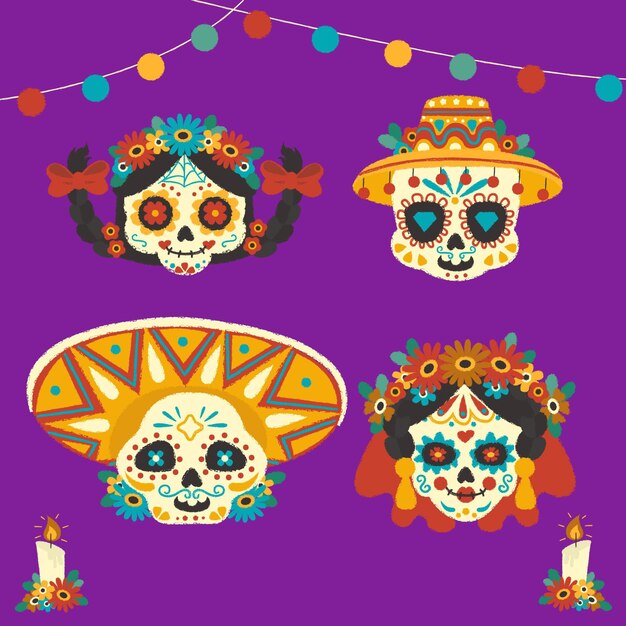 Handgezeichnete flache dia de muertos Schädelsammlung