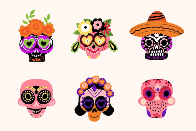 Handgezeichnete flache dia de muertos schädelsammlung