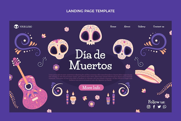 Handgezeichnete flache dia de muertos zielseitenvorlage