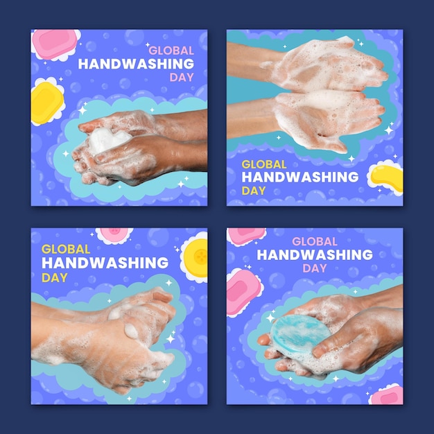 Kostenloser Vektor handgezeichnete flache globale händewaschtag instagram post sammlung