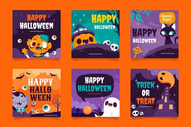 Handgezeichnete flache halloween instagram posts sammlung