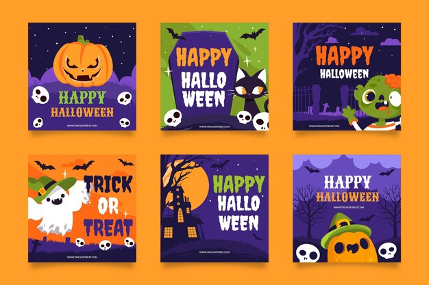 Handgezeichnete flache halloween instagram posts sammlung