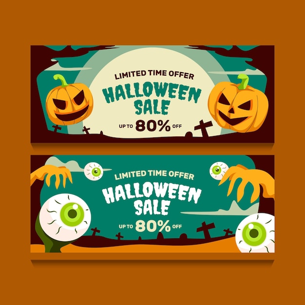 Handgezeichnete flache halloween-verkaufs-horizontal-banner-set