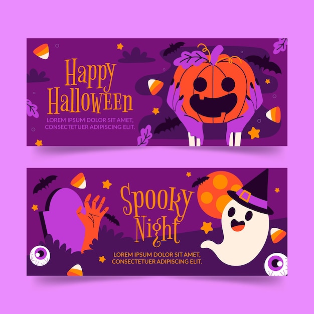 Kostenloser Vektor handgezeichnete flache horizontale halloween-banner-set