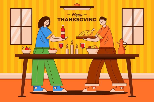 Kostenloser Vektor handgezeichnete flache illustration von menschen, die thanksgiving feiern