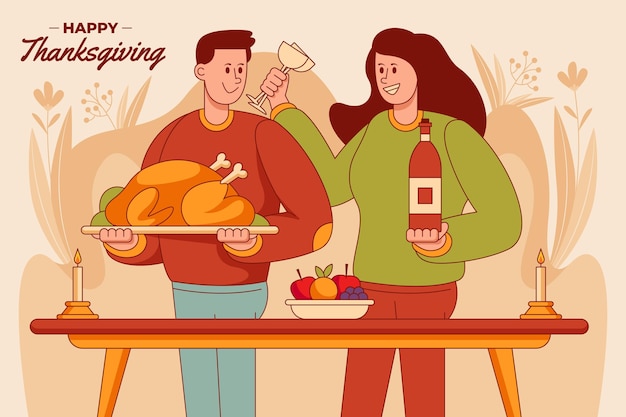 Handgezeichnete flache illustration von menschen, die thanksgiving feiern