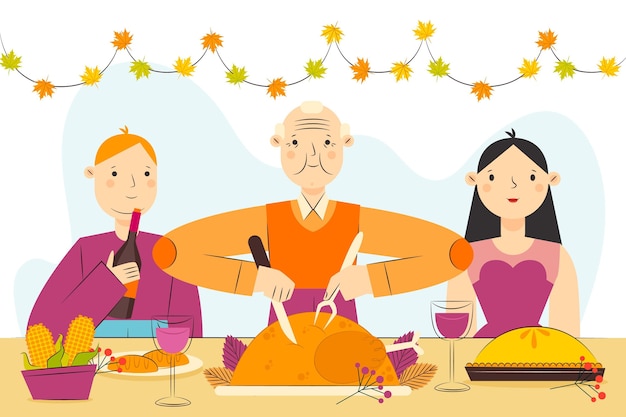 Kostenloser Vektor handgezeichnete flache illustration von menschen, die zusammen mit essen thanksgiving feiern