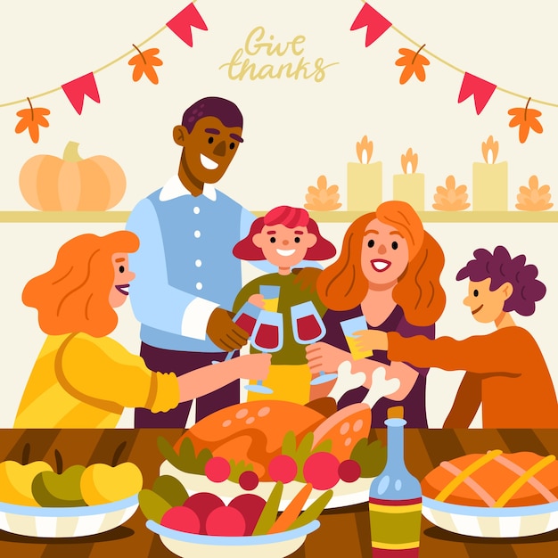 Kostenloser Vektor handgezeichnete flache illustration von menschen, die zusammen mit essen thanksgiving feiern