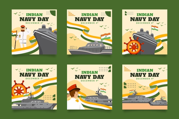 Kostenloser Vektor handgezeichnete flache indische marine tag instagram posts sammlung