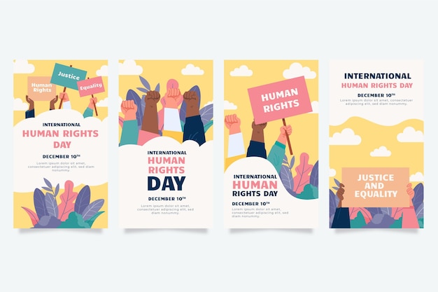 Handgezeichnete flache Instagram-Geschichtensammlung zum Internationalen Tag der Menschenrechte