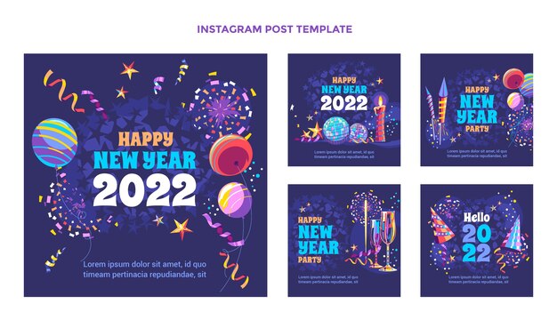 Handgezeichnete flache Instagram-Posts-Sammlung für das neue Jahr