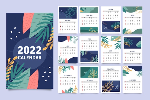 Handgezeichnete flache kalendervorlage 2022