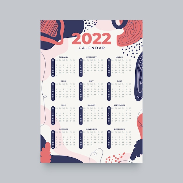 Handgezeichnete flache kalendervorlage 2022