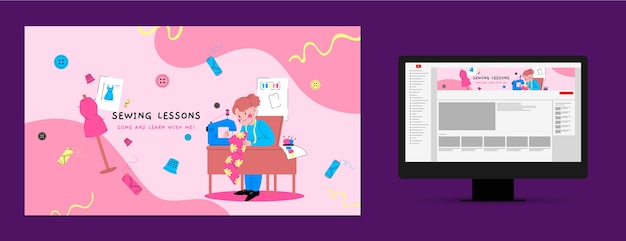 Kostenloser Vektor handgezeichnete flache näherin header youtube-kanal