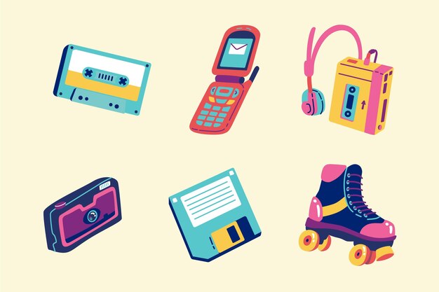 Handgezeichnete flache nostalgische 90er-Elemente-Kollektion