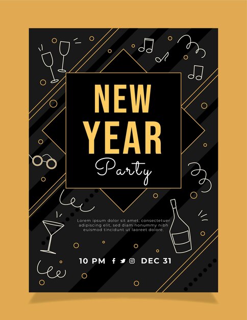 Handgezeichnete flache Party-Flyer-Vorlage für das neue Jahr