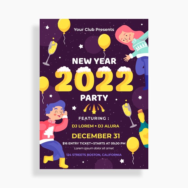 Handgezeichnete flache Party-Flyer-Vorlage für das neue Jahr