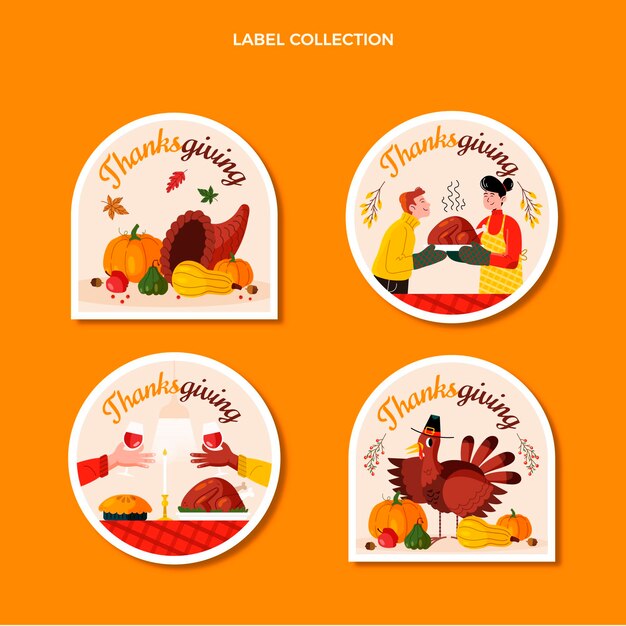 Kostenloser Vektor handgezeichnete flache thanksgiving-etiketten-sammlung