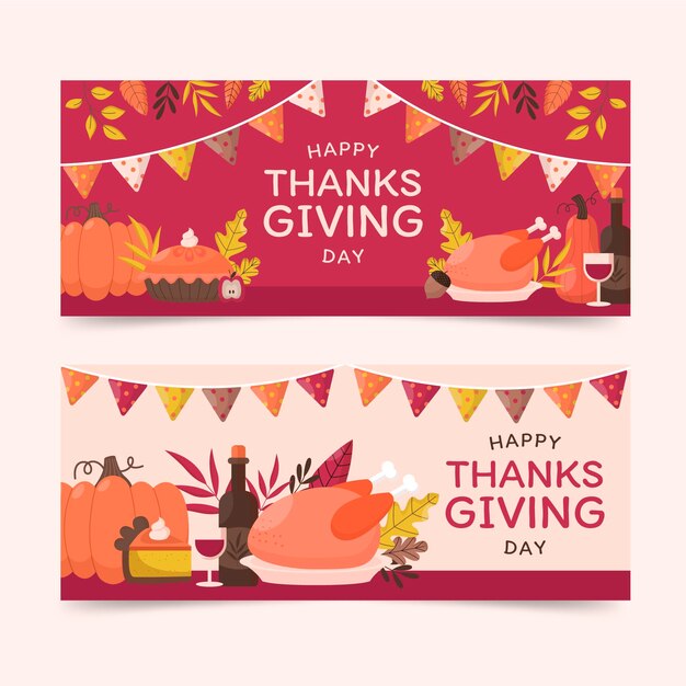 Kostenloser Vektor handgezeichnete flache thanksgiving-horizontale banner-set