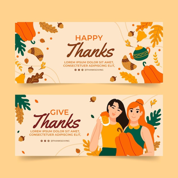 Kostenloser Vektor handgezeichnete flache thanksgiving-horizontale banner-set