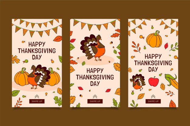 Handgezeichnete flache Thanksgiving-Instagram-Geschichten-Sammlung