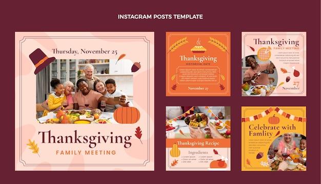 Kostenloser Vektor handgezeichnete flache thanksgiving-instagram-posts-sammlung