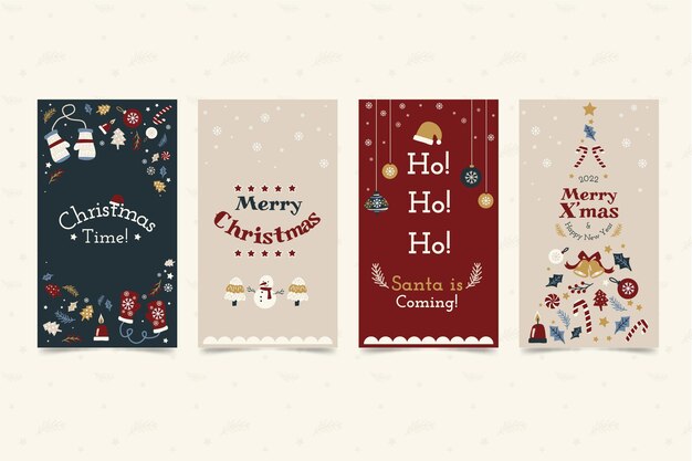 Handgezeichnete flache Weihnachts-Instagram-Geschichten-Sammlung