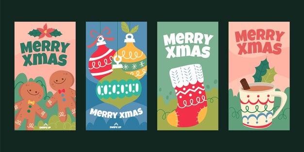 Handgezeichnete flache Weihnachts-Instagram-Geschichten-Sammlung