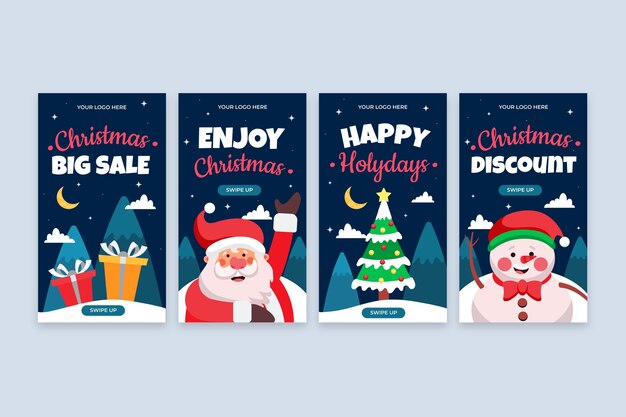 Handgezeichnete flache Weihnachts-Instagram-Geschichten-Sammlung