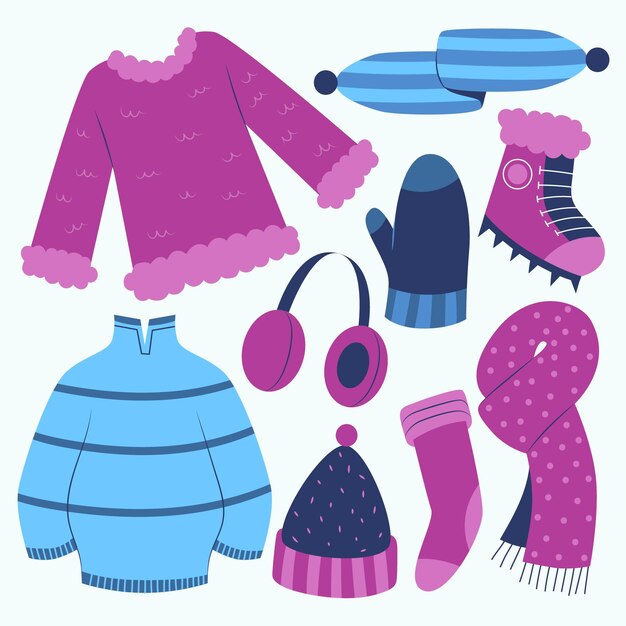 Handgezeichnete flache Winterkleidung und Essentials-Kollektion