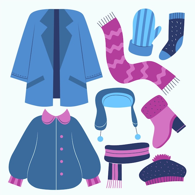Handgezeichnete flache Winterkleidung und Essentials-Kollektion