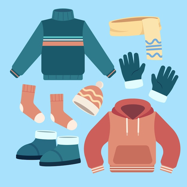 Handgezeichnete flache Winterkleidung und Essentials-Kollektion