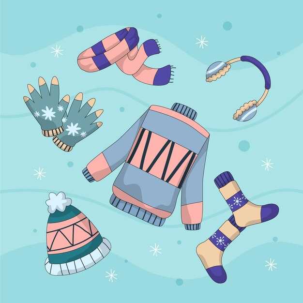 Handgezeichnete flache Winterkleidung und Essentials-Kollektion