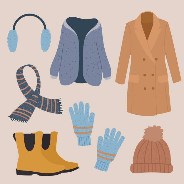 Handgezeichnete flache Winterkleidung und Essentials-Kollektion
