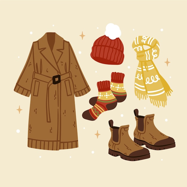 Kostenloser Vektor handgezeichnete flache winterkleidung und essentials-kollektion