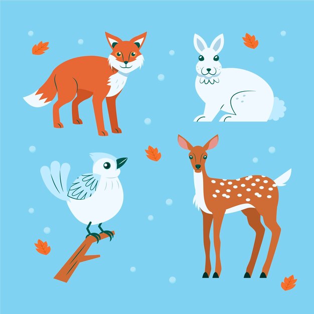 Handgezeichnete flache Wintertierkollektion