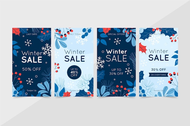 Handgezeichnete flache winterverkauf instagram-geschichten-sammlung