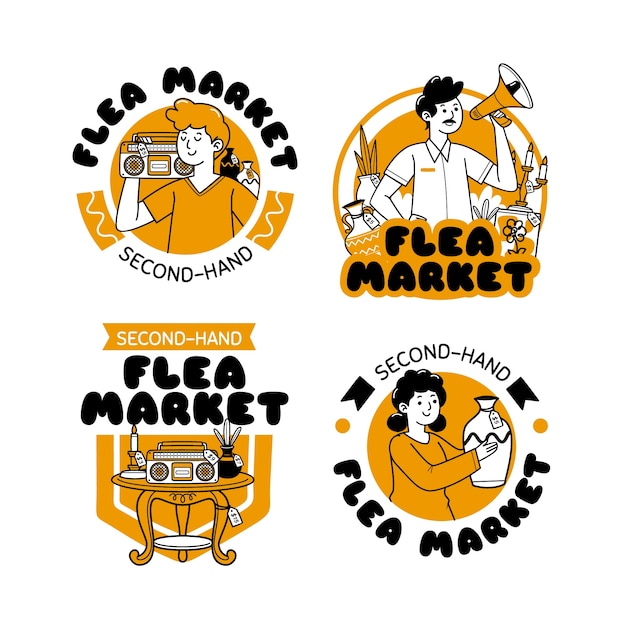 Handgezeichnete Flohmarkt-Shopping-Etiketten-Kollektion
