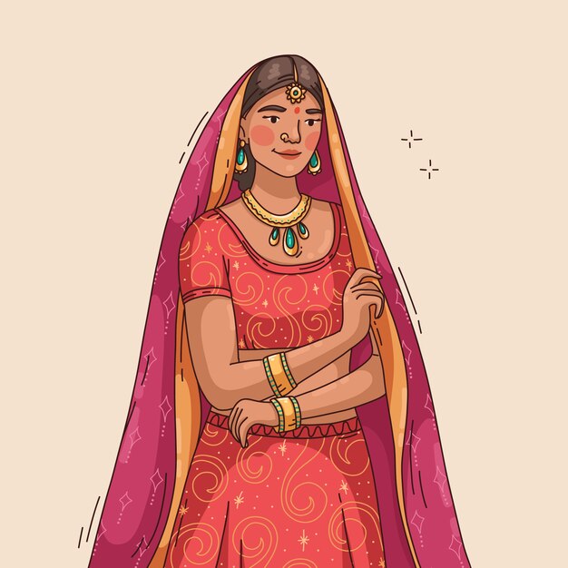 Handgezeichnete Frau in Sari-Illustration