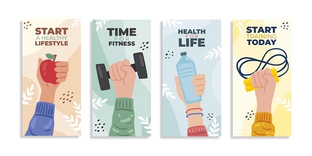 Kostenloser Vektor handgezeichnete gesundheits- und fitness-instagram-geschichten-sammlung