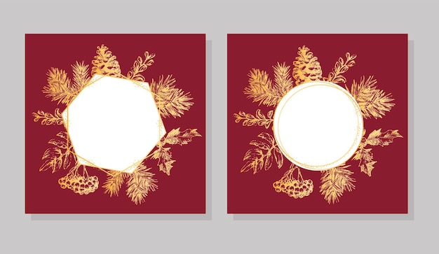 Handgezeichnete goldene rahmen weihnachts- und neujahrseinladungskarte. handgezeichnete vektor-illustration von retro-kranz auf hellem hintergrund. winterferienkollektion