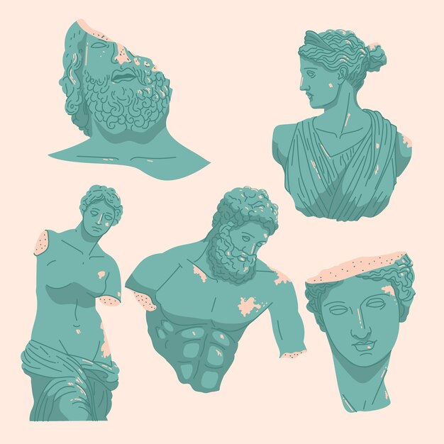 Handgezeichnete griechische Statuensammlung mit flachem Design