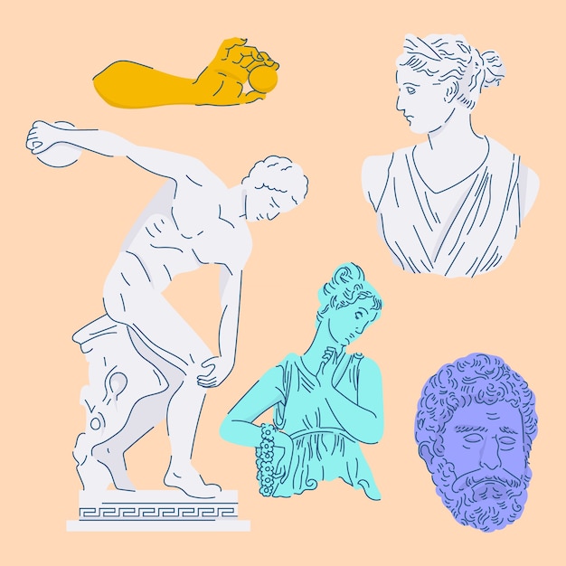Kostenloser Vektor handgezeichnete griechische statuensammlung mit flachem design