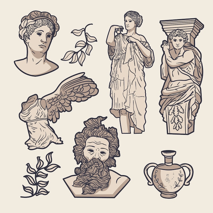 Kostenlose Vektor handgezeichnete griechische statuensammlung