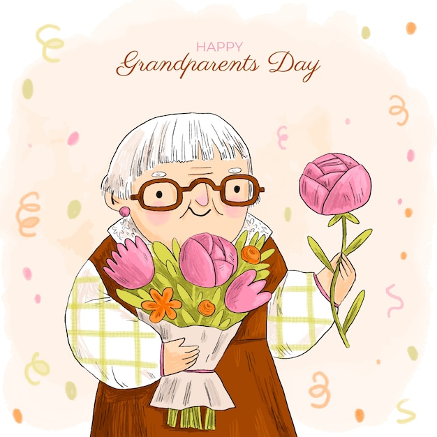 Handgezeichnete großeltern-tagesillustration mit oma, die blumen hält