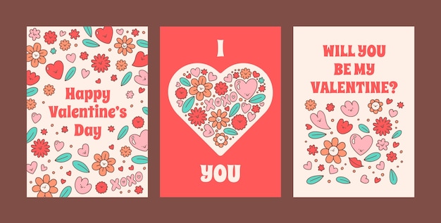Handgezeichnete Grußkartensammlung zum Valentinstag