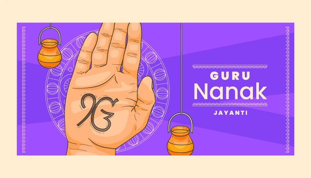 Kostenloser Vektor handgezeichnete guru nanak gurpurab horizontale banner-vorlage