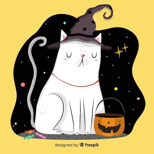 Handgezeichnete halloween-katze in einer sternenklaren nacht