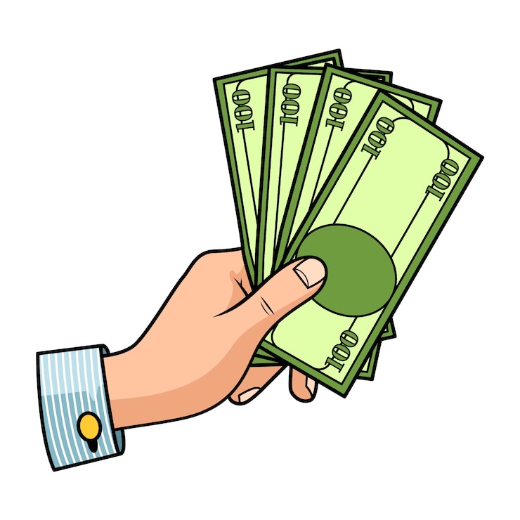 Kostenlose Vektor handgezeichnete hand, die banknoten hält, zeichnungsillustration